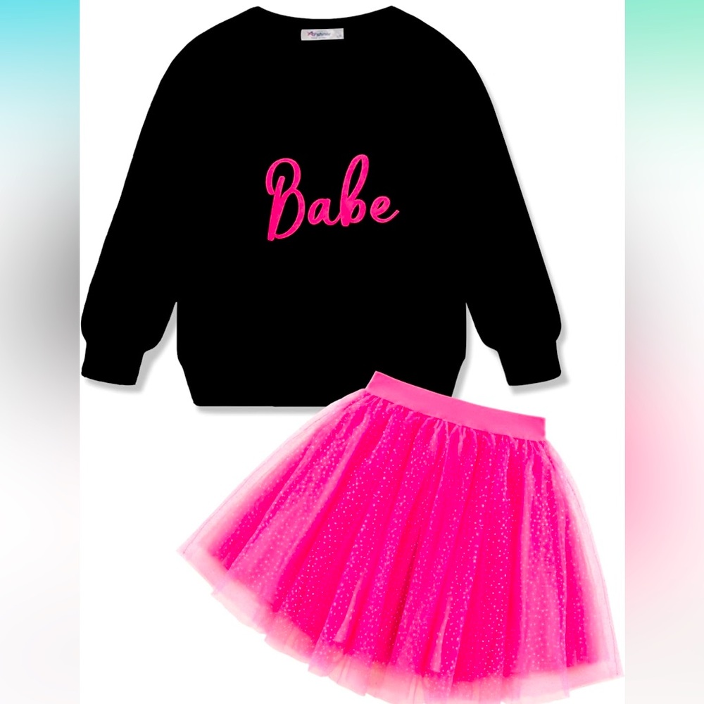 Girls’ Long Sleeve Sweatshirt & Hot Pink Tutu Skirt 2 Piece Matching Outfit